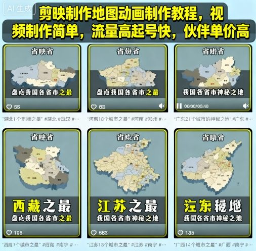 剪映制作地图动画制作教程，视频制作简单，流量高起号快，伙伴单价高-董叔项目网