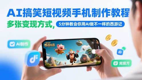 AI搞笑短视频手机制作教程，多张变现方式，5分钟教会你用AI做不一样的西游记-董叔项目网