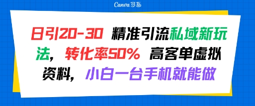 日引 20-30 精准引流私域新玩法，转化率50% 高客单虚拟资料，小白一台手机就能做-董叔项目网