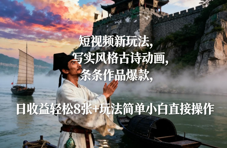 短视频新玩法，写实风格古诗动画，条条作品爆款，日收益轻松8张+玩法简单小白直接操作-董叔项目网