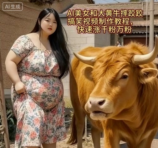 AI美女和大黄牛摔跤搞笑荒诞视频制作教程，快速涨千粉万粉-董叔项目网