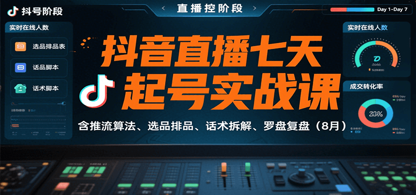 抖音直播七天起号实战课：含推流算法、选品排品、话术拆解、罗盘复盘(8月)-董叔项目网