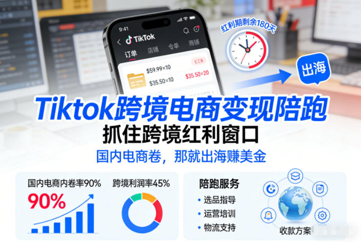 Tiktok跨境电商变现陪跑,抓住跨境红利窗口,国内电商卷,那就出海賺美金-董叔项目网