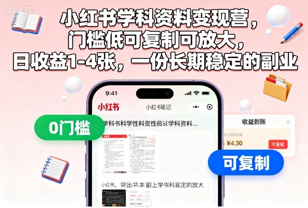 小红书学科资料变现营，门槛低可复制可放大，日收益1-4张，一份长期稳定的副业-董叔项目网
