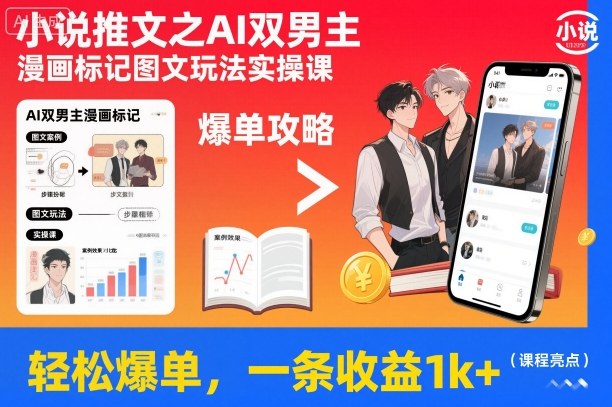 小说推文之AI双男主漫画标记图文玩法实操课，轻松爆单，一条收益1k+-董叔项目网