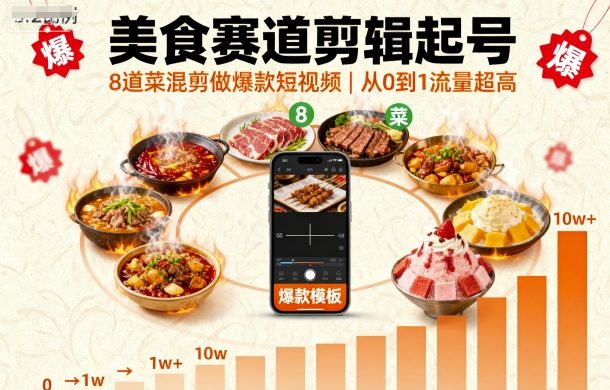 美食赛道剪辑起号，8道菜混剪做爆款短视频，从0到1，流量超高-董叔项目网