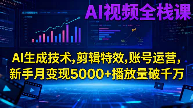 AI视频全栈课:AI生成技术,剪辑特效,账号运营,新手月变现5000+播放量破千万-董叔项目网