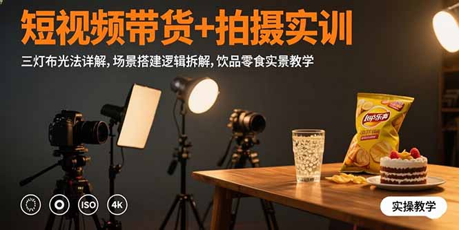 短视频带货+拍摄实训：三灯布光法详解,场景搭建逻辑拆解,饮品零食实景教学-董叔项目网
