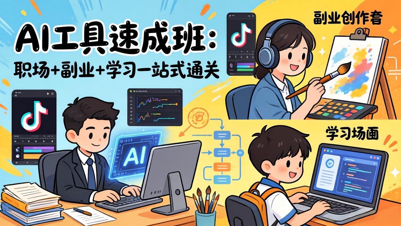 AI工具速成班：职场+副业+学习一站式通关，20+爆款类型+剪映技巧+抖音算法，0基础快速上手-董叔项目网