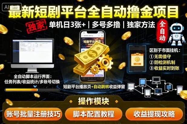 最新短剧平台全自动挂G撸金项目,单机一天3张+,多号多撸,区别于市面所有挂机项目,独家方法【揭秘】-董叔项目网