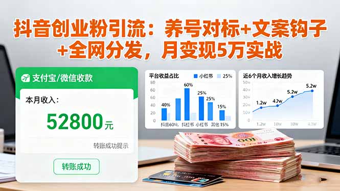抖音创业粉引流：养号对标+文案钩子+全网分发，月变现5万实战-董叔项目网
