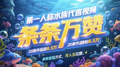 第一人称水族代言视频，条条万赞，20条作品涨粉7.8W，多种变现方式月入五位数-董叔项目网